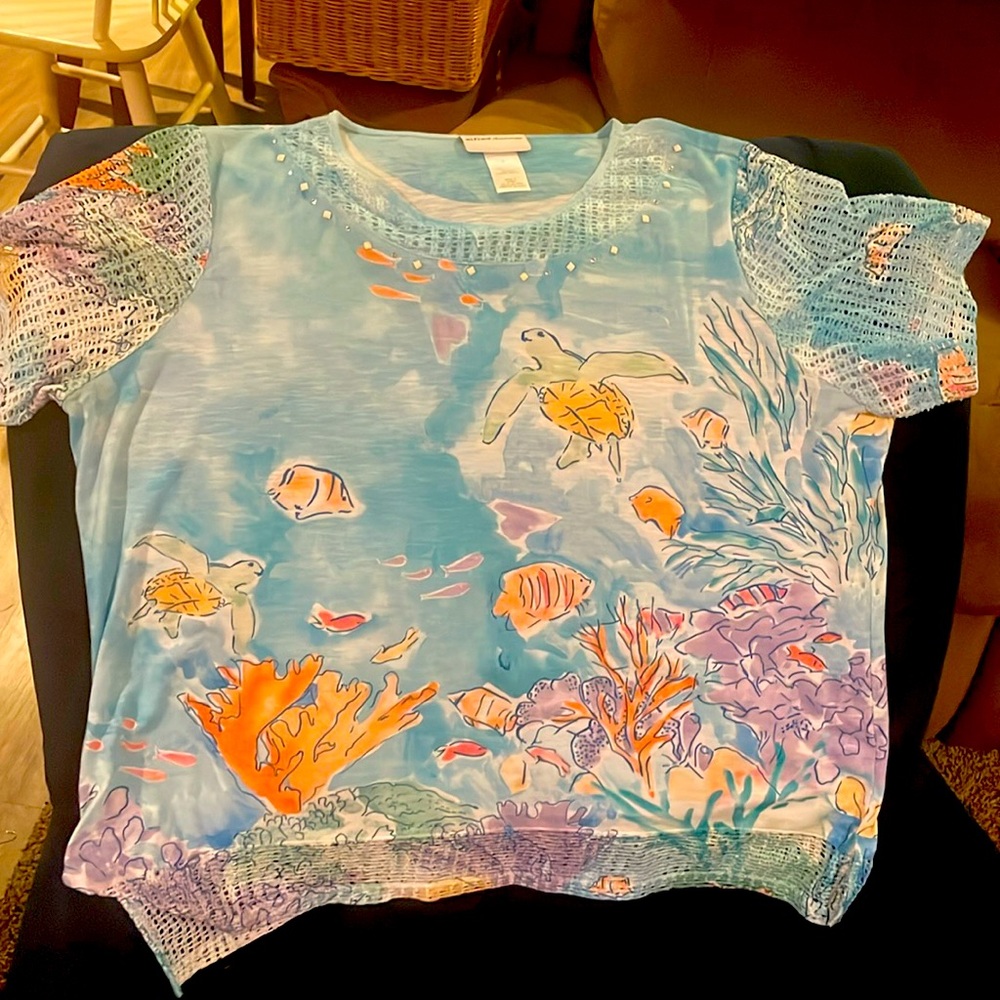 Alfred Dunner Oceanic Print Top - Blue and Orange
